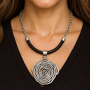 Handmade Turkish Artisan Leather Necklace Bold Zamak Spiral Flower Pendant